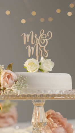 Vertical-Video-Close-Up-Of-Wedding-Cake-On-Stand-Against-Grey-Studio-Background-At-Wedding-Reception-2